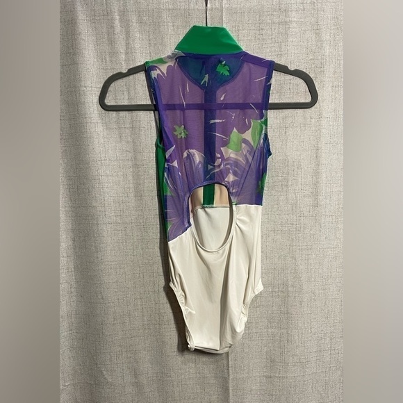 ELEVE green white & floral mesh back zip-front leotard ballet dance. PHOTOS. XS - Picture 2 of 7